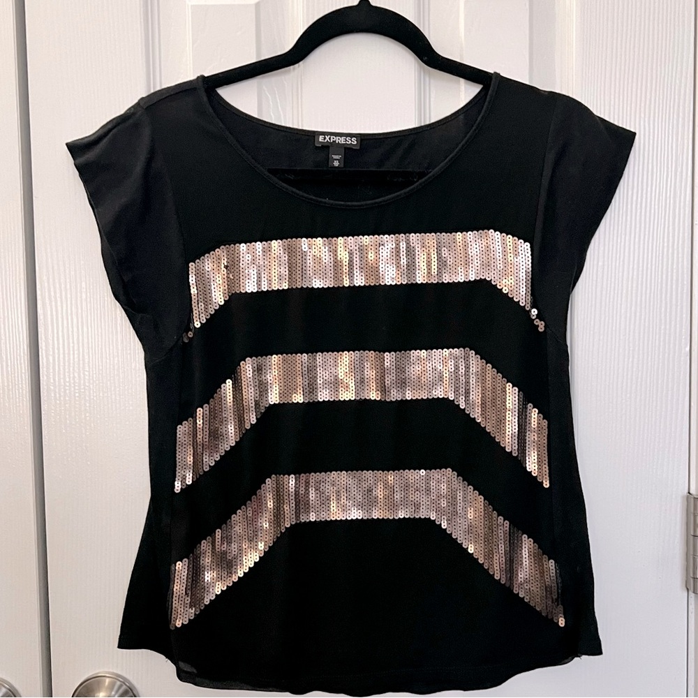 Express Women's Black W Gold Metalic Stripes Blouse shirt